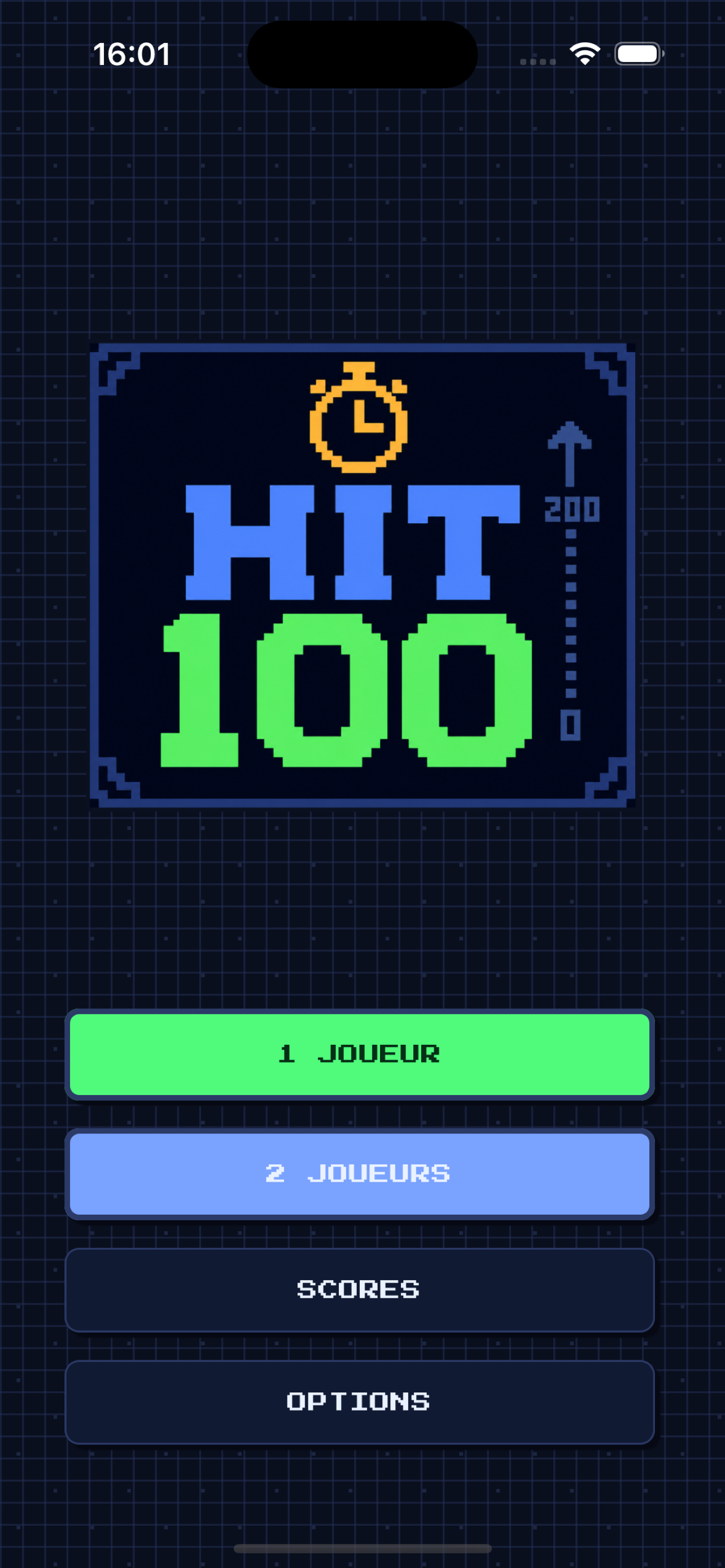 Hit 100 — écran d'accueil de l'application iOS